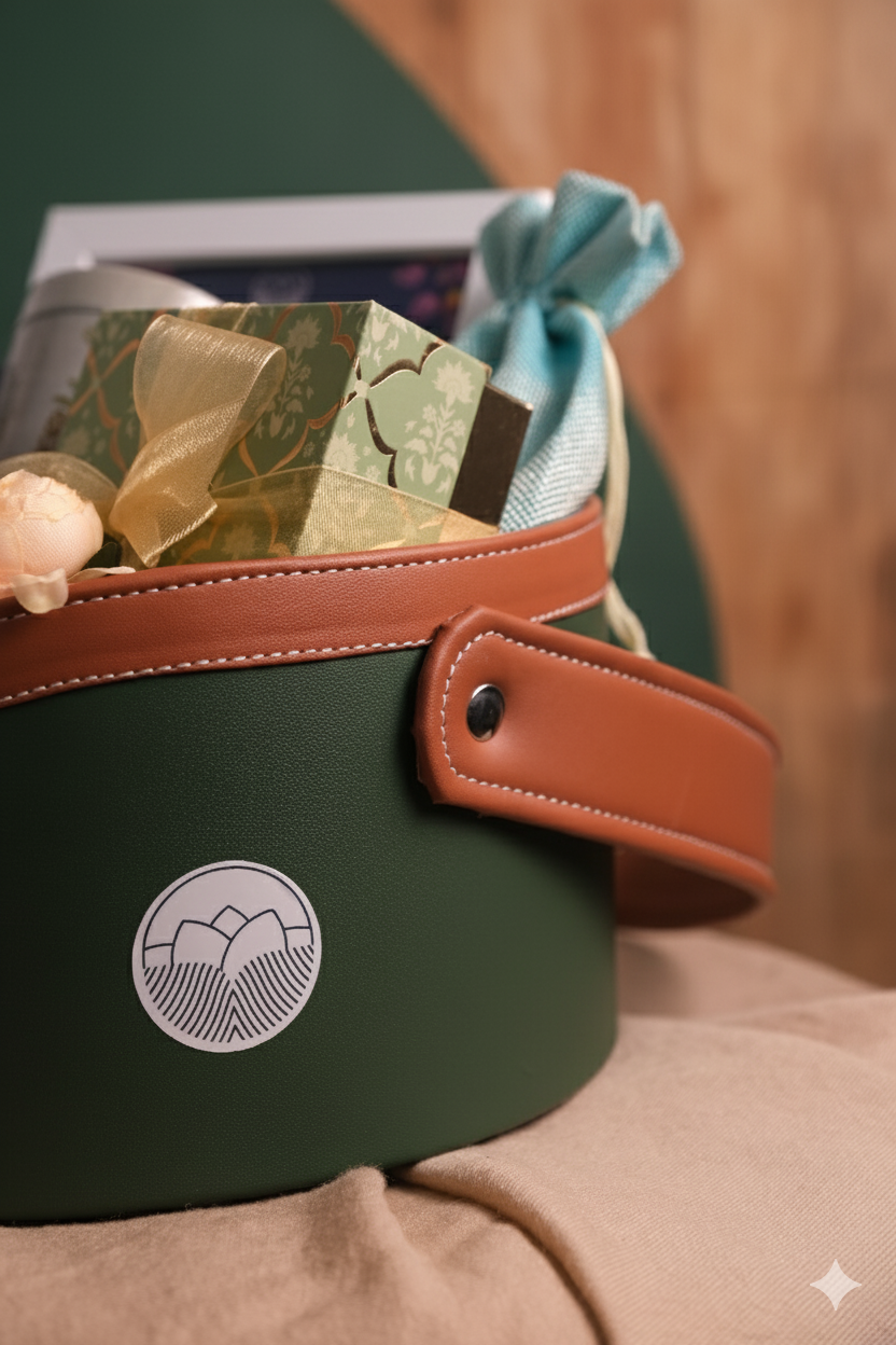 Green gift box with brown handle and decorative elements on a soft surface