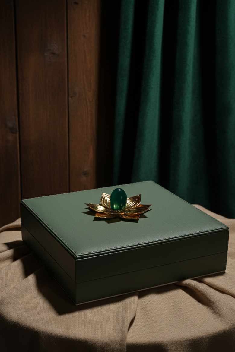 Green  box with a decorative emblem and gemstone on a brown surface with green curtain background